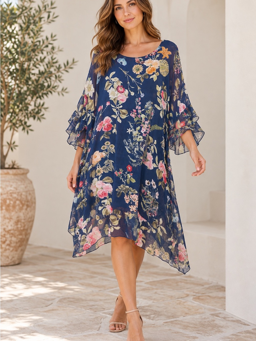 Elena Baldi Made in Italy Navy Blue Floral Chiffon Midi Dress Size M